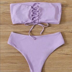 shein lace up back bandeau high waisted bikini